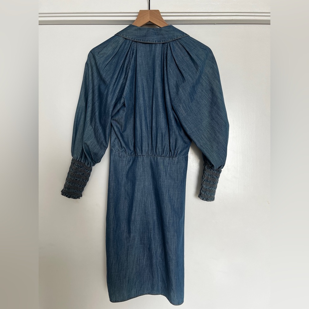 Veronica Beard Allie Chambray Shirt Dress 2 Ruched Denim Button Front $398 - Picture 2 of 6